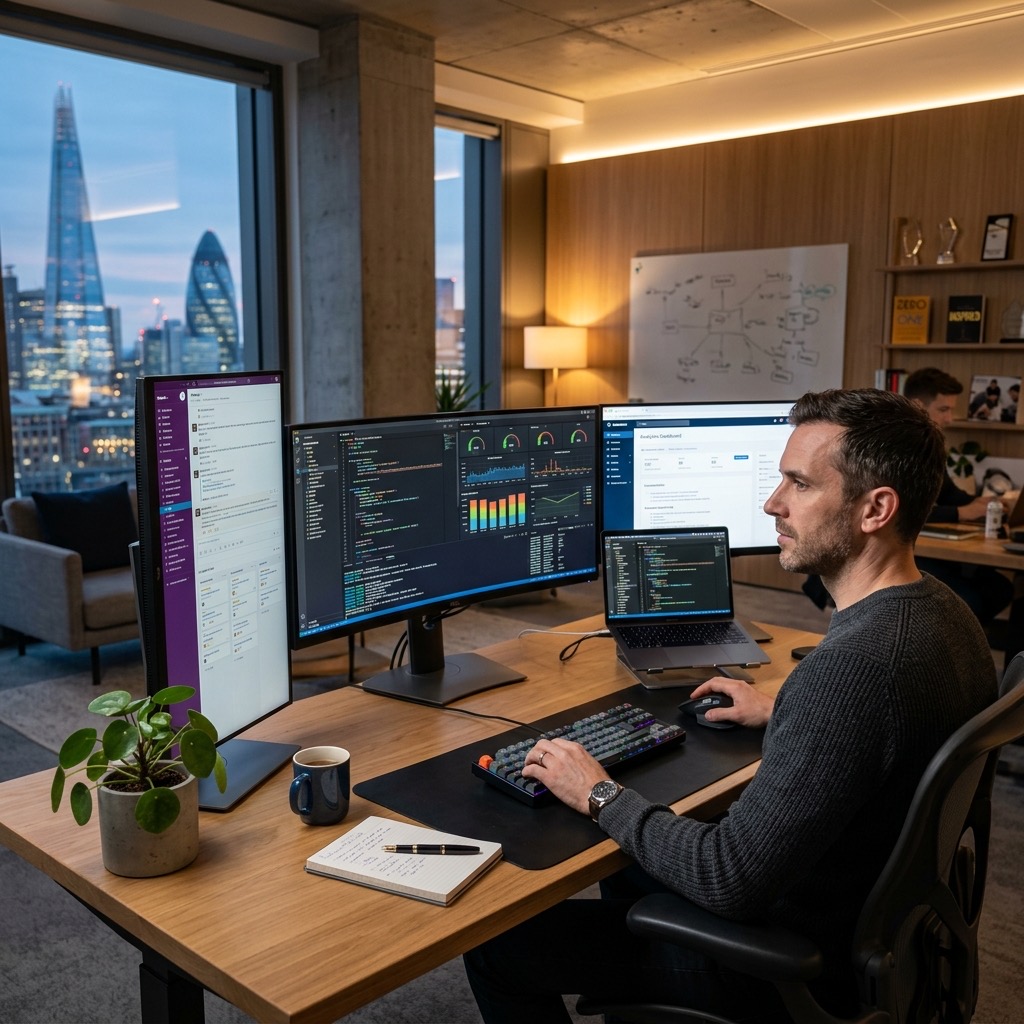 Photorealistic founder workspace visual