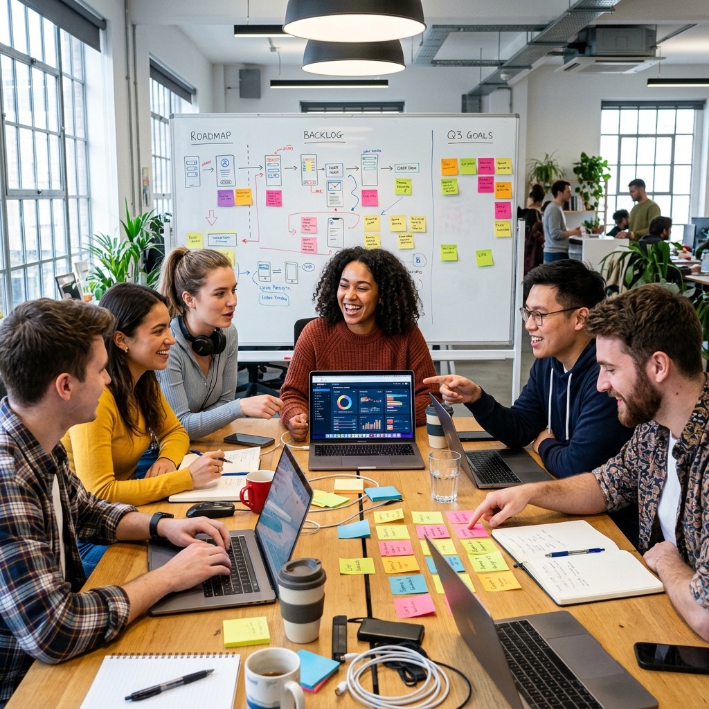 Photorealistic startup product team visual